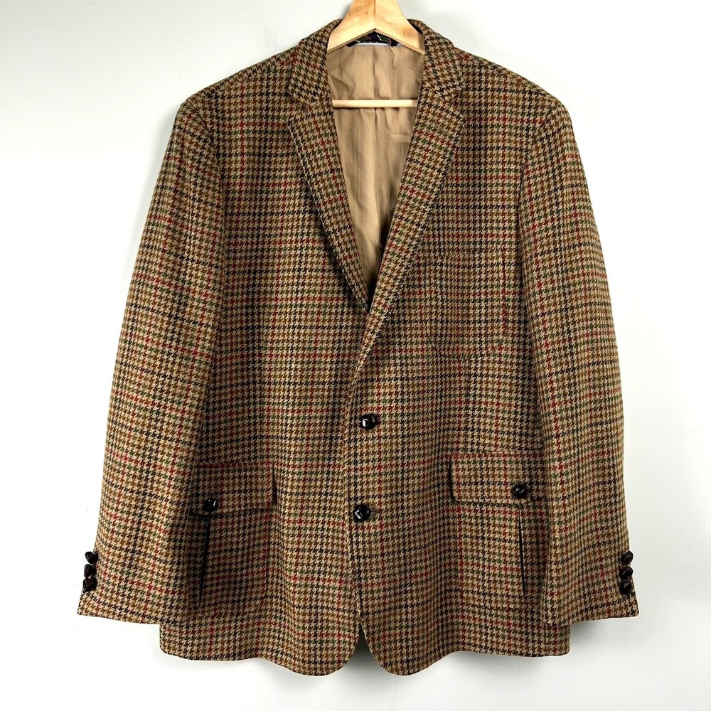 Lands End Men 44R Wool Blend Tweed Houndstooth Sport Coat Traditional Fit Blazer